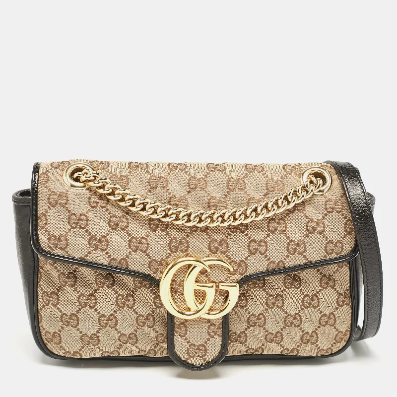 Gucci Beige/black Diagonal Quilted Gg Canvas And Leather Small Gg Marmont Shoulder Bag