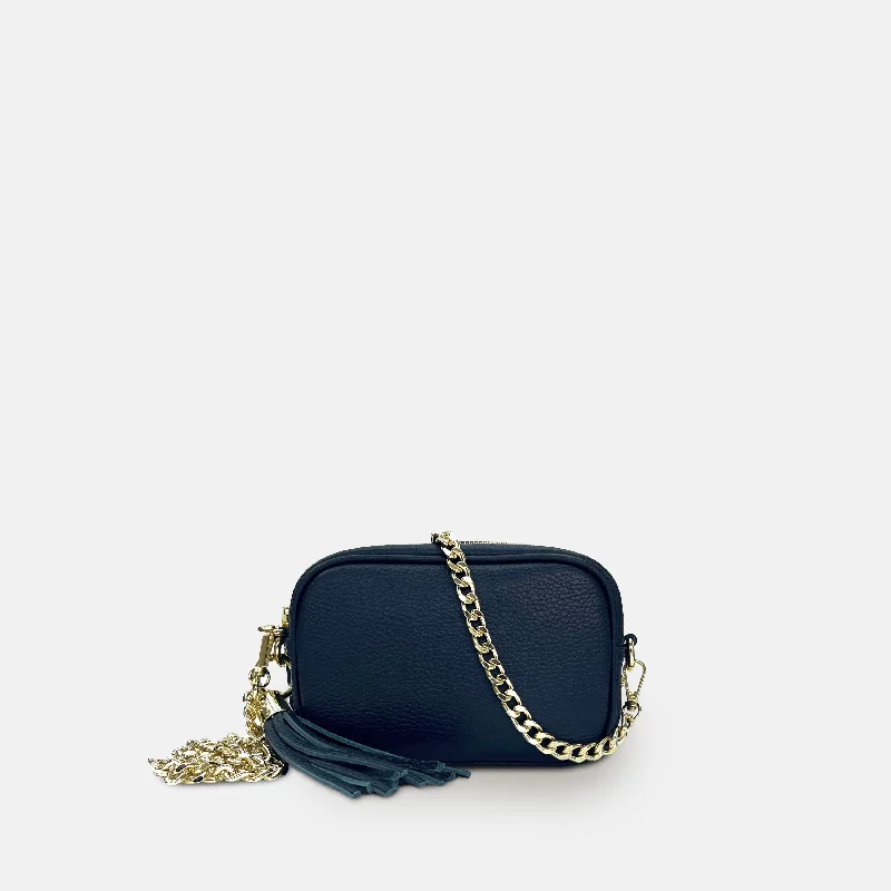 The Mini Tassel Navy Leather Phone Bag With Gold Chain Crossbody Strap