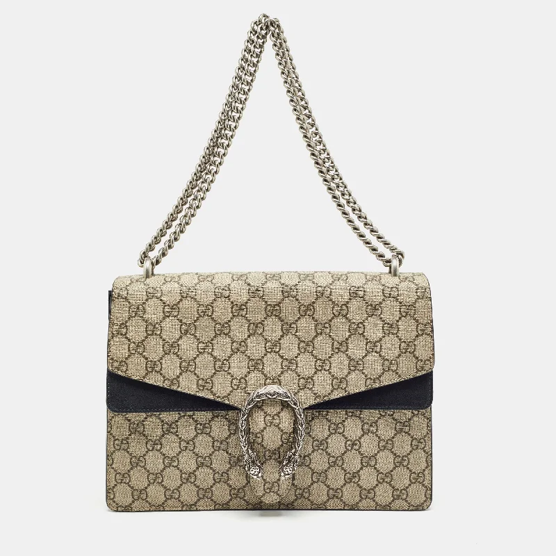 Gucci Black/beige Gg Supreme Canvas And Suede Medium Dionysus Shoulder Bag