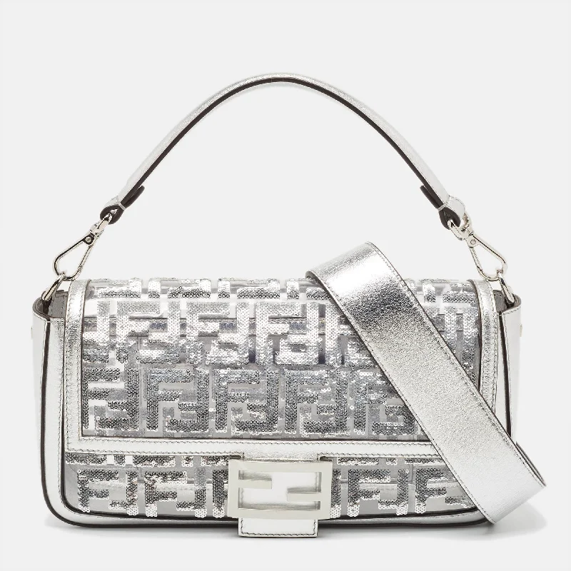 Fendi Silver Zucca Leather  Pvc And Sequins Baguette Bag