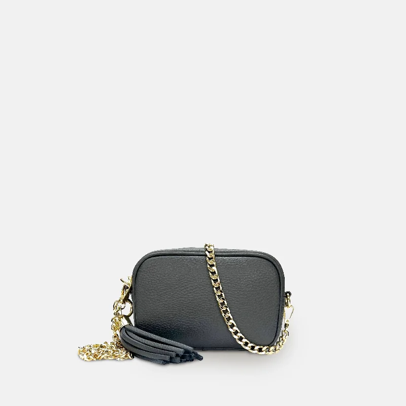 The Mini Tassel Dark Grey Leather Phone Bag With Gold Chain Crossbody Strap