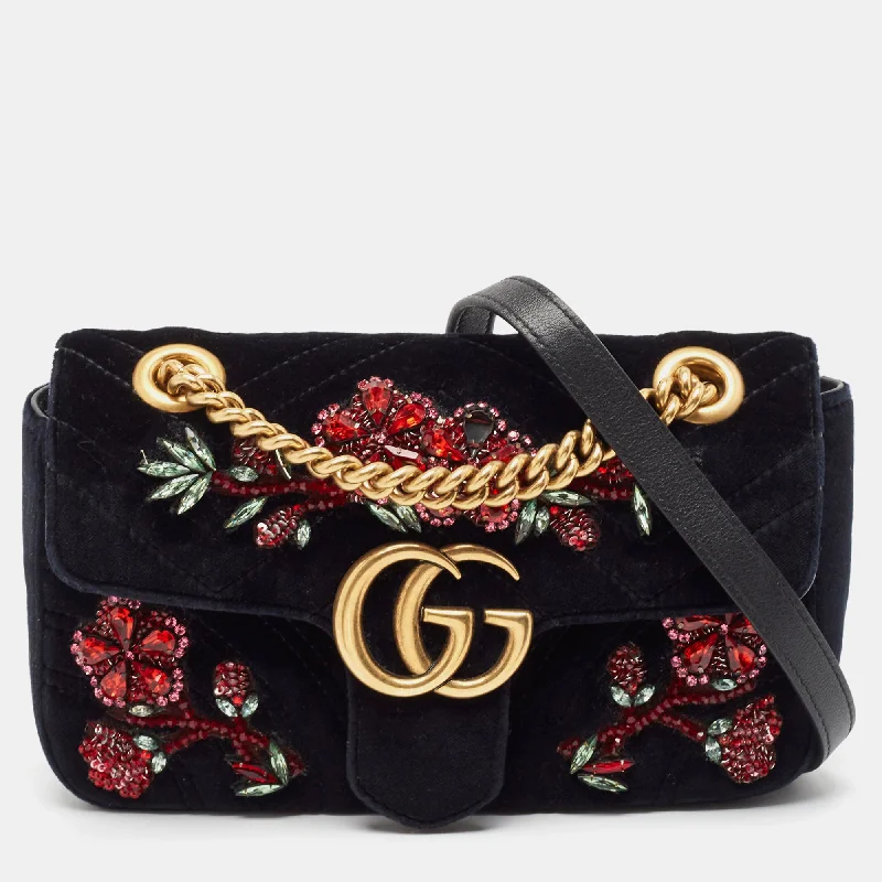 Gucci Black Matelassé Velvet Mini Crystals Embellished Gg Marmont Shoulder Bag