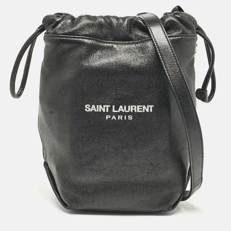 Saint Laurent Black Leather Teddy Drawstring Shoulder Bag