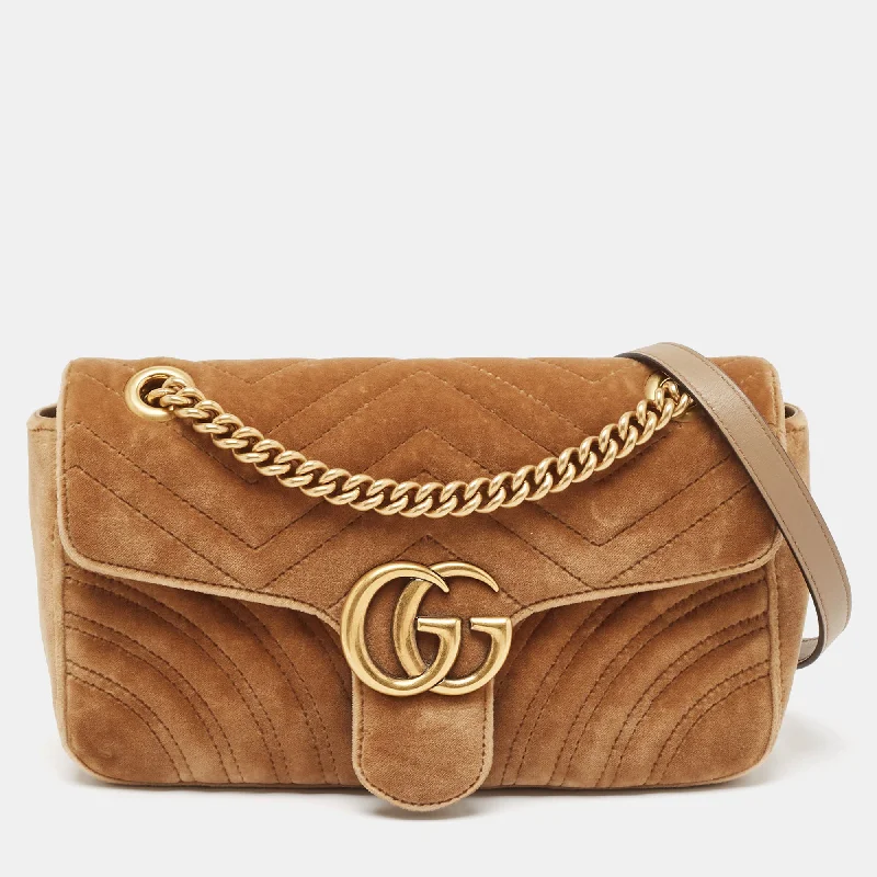 Gucci Beige Matelassé Velvet And Leather Small Gg Marmont Shoulder Bag