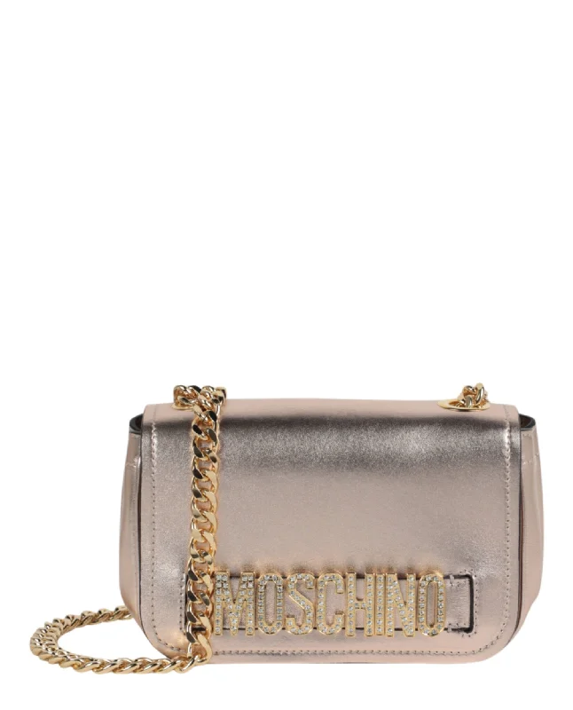 Metallic Leather Crystal-Embellished Logo Crossbody Bag