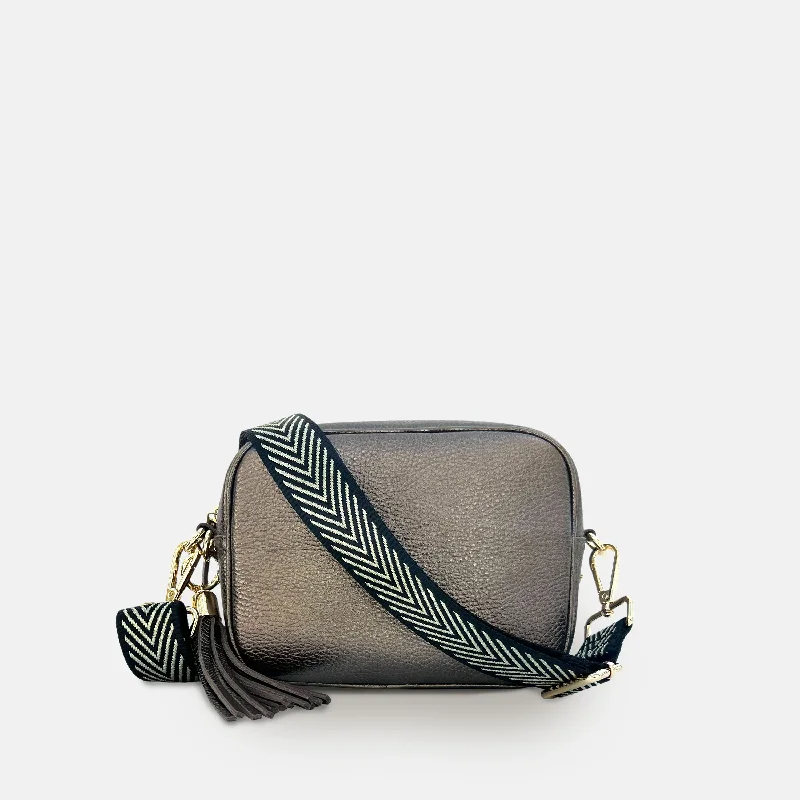 Bronze Leather Crossbody Bag With Black & Gold Chevron Strap