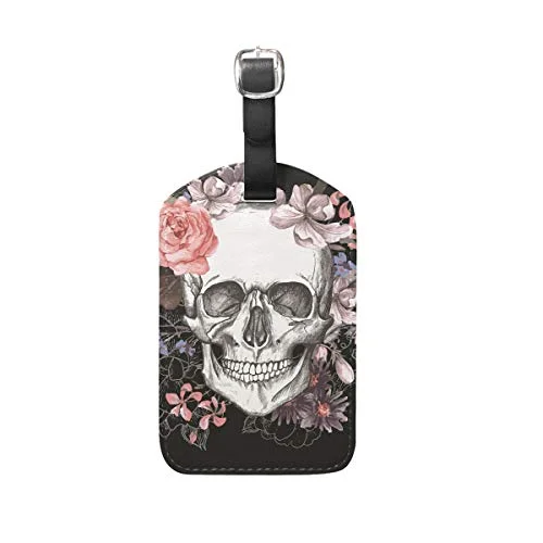 Rose Skull Travel Leather Luggage Baggage Suitcases Tags Label Set of 2