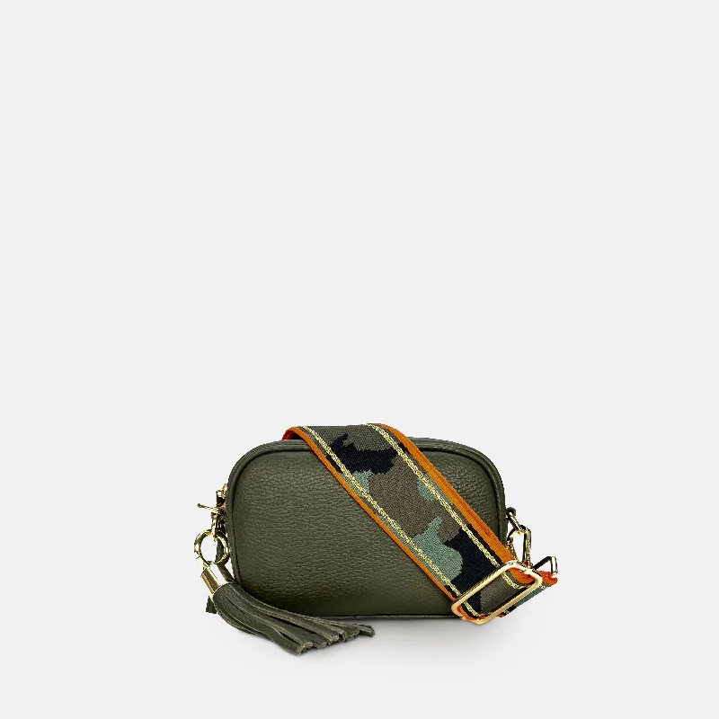 The Mini Tassel Olive Green Leather Phone Bag With Orange & Gold Stripe Camo Strap