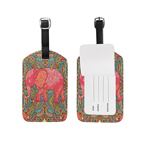 Paisley Elephant Travel Leather Luggage Baggage Suitcases Tags Label Set of 2