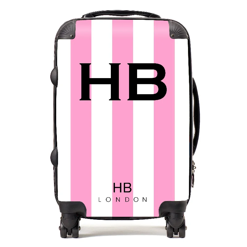 Personalised Pink and White Stripe with Black Font Initial Suitcase