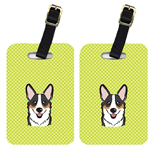 Caroline'S Treasures Bb1317Bt Pair Of Checkerboard Lime Green Corgi Luggage Tags , Large,