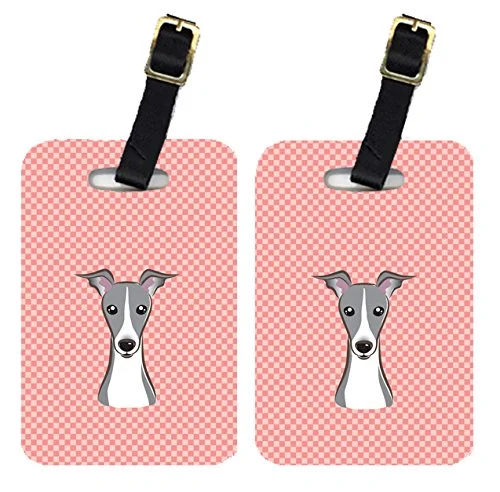 Caroline's Treasures BB1236BT Pair of Checkerboard Pink Italian Greyhound Luggage Tags, Large,