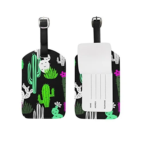 Hipster Floral Cactus Travel Leather Luggage Baggage Suitcases Tags Label Set of 2