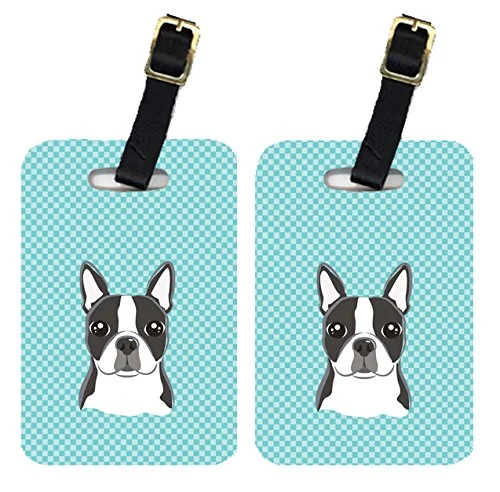 Caroline'S Treasures Bb1141Bt Pair Of Checkerboard Blue Boston Terrier Luggage Tags , Large,