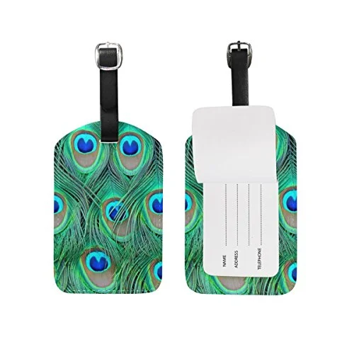 Peacock Feather Travel Leather Luggage Baggage Suitcases Tags Label Set of 2