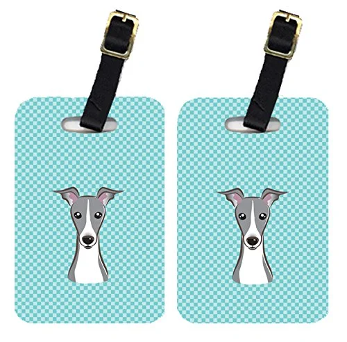 Caroline's Treasures BB1174BT Pair of Checkerboard Blue Italian Greyhound Luggage Tags, Large,