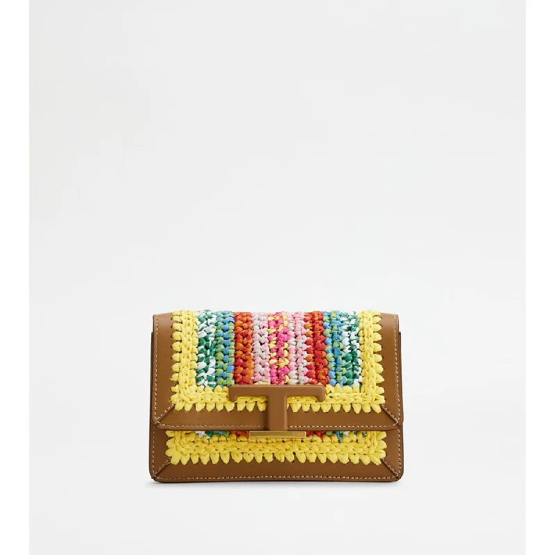 T Timeless Belt Bag in Leather and Raffia Micro With Metal Shoulder Strap