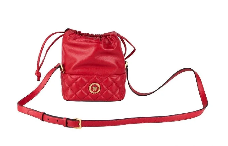 Versace  Quilted Leather Drawstring Shoulder Bag Bucket Crossbody Women's Handbag