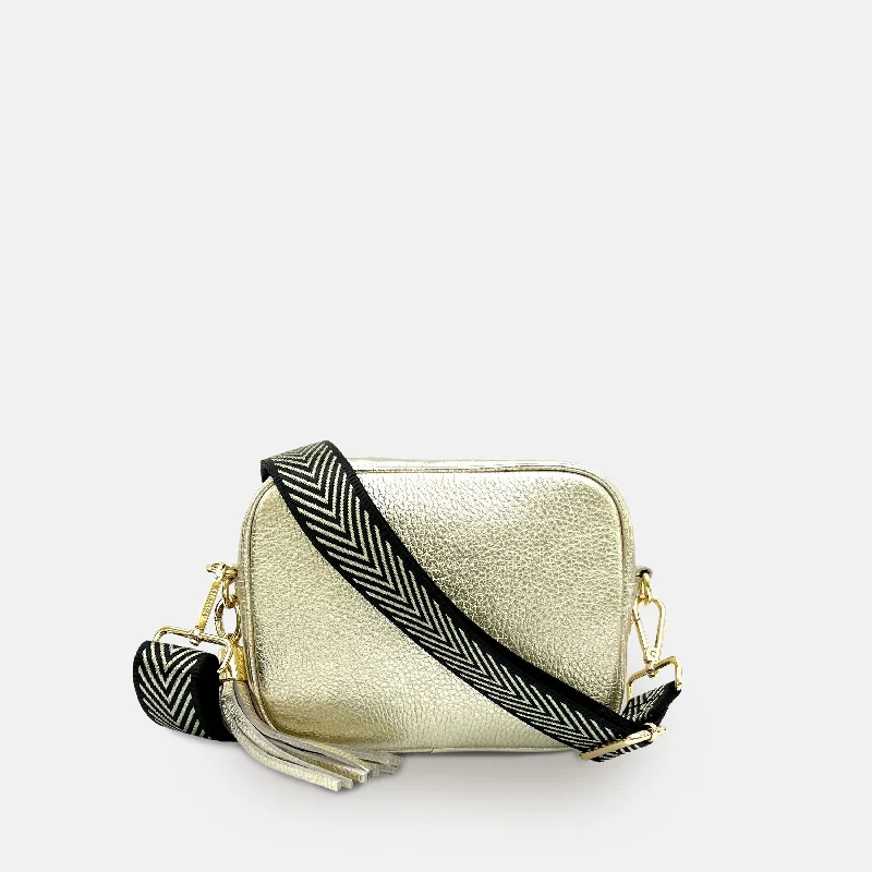 Gold Leather Crossbody Bag With Black & Gold Chevron Strap